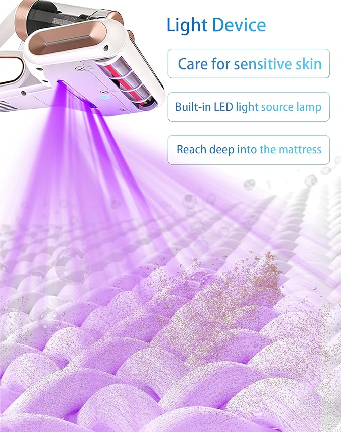 Powerful UV Bed Vacuum Cleaner, Bedroom Guard - Multifunctional Wireless Handheld Mattress Vacuums Cleaners, 13Kpa Heating Cordless Vacuum Cleaner Handheld for Bed, Sofa & Carpet (White)