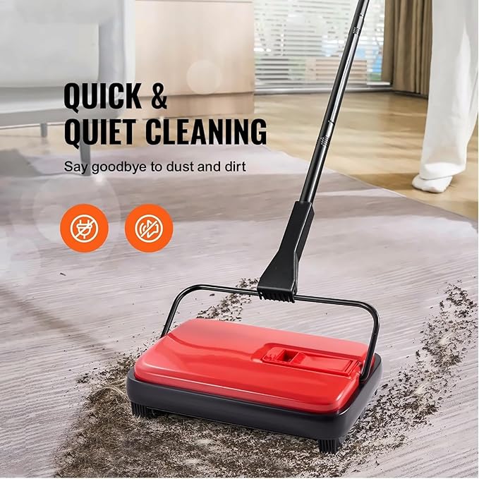 Carpet Sweeper, 6.7 in Sweeping Paths, Floor Sweeper Manual Non Electric, 300 ml Dustbin Capacity with Comb for Home Office Rugs Hardwood Surfaces Wood Floors Laminate, Cleans Dust Pet Hair