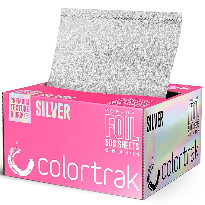 Colortrak Embossed Sheets Silver Aluminum Foil Pop-up Dispenser, 500 Pre-cut Sheets Non-slip Textured, for Hair Foil Coloring and Highlighting Applications Silver, 5 x 11