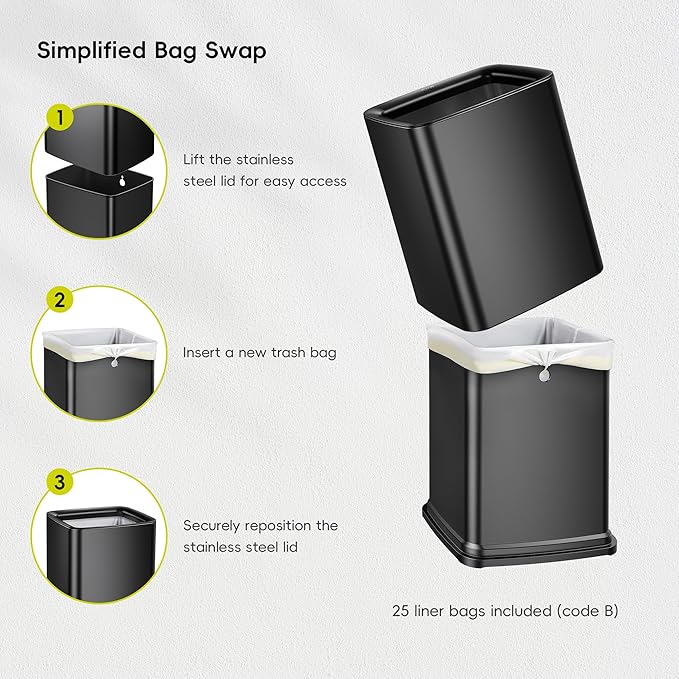 EKO Laguna 2.6 Gallon/10L Matte Black Stainless Steel Open Top Trash Can with Removable Inner Basket - Modern Bathroom & Office Waste Bin