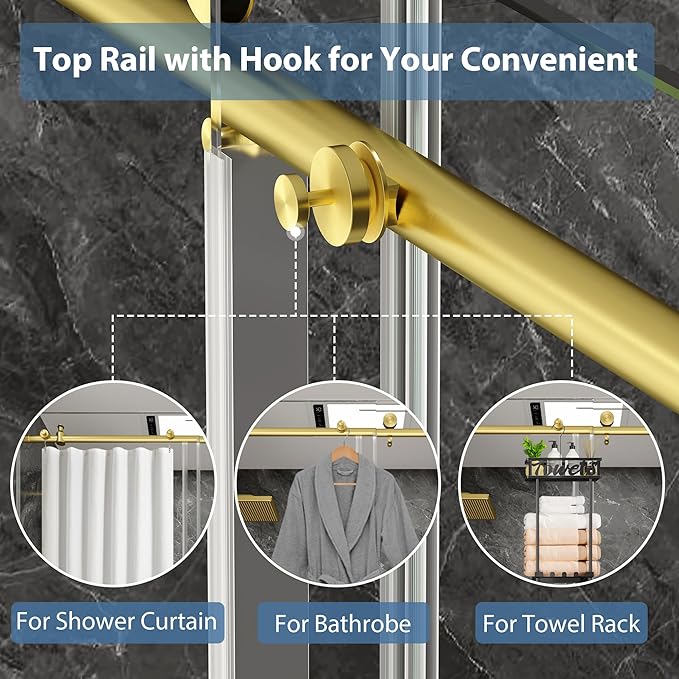 KPUY Frameless Shower Door, 49-54" W x 76" H Sliding Glass Shower Door, 1/4" (6mm) Thick Tempered Clear Glass with Explosion-Proof Film Nano Coating, Stainless Steel Hardware, Brushed Gold