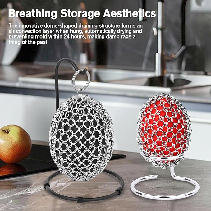 Cast Iron Scrubber & Scraper Set with Hook - Ergonomic 316 Chainmail Scrubber for Cast Iron Skillets, Dutch Oven, Baking Sheet, Crock Pot, Grills & More - 2Pack