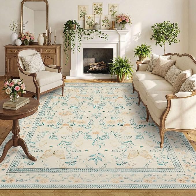 Floral Rug for Living Room Bedroom, 6x9 Washable Rug, Vintage Boho Area Rug, Large Non Slip Low Pile Wool Carpet for Indoor Dining Room,Girls Room,Nursery Room and Kids Room(Ivory Green 6x9ft)
