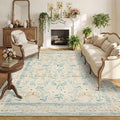 Floral Rug for Living Room Bedroom, 6x9 Washable Rug, Vintage Boho Area Rug, Large Non Slip Low Pile Wool Carpet for Indoor Dining Room,Girls Room,Nursery Room and Kids Room(Ivory Green 6x9ft)