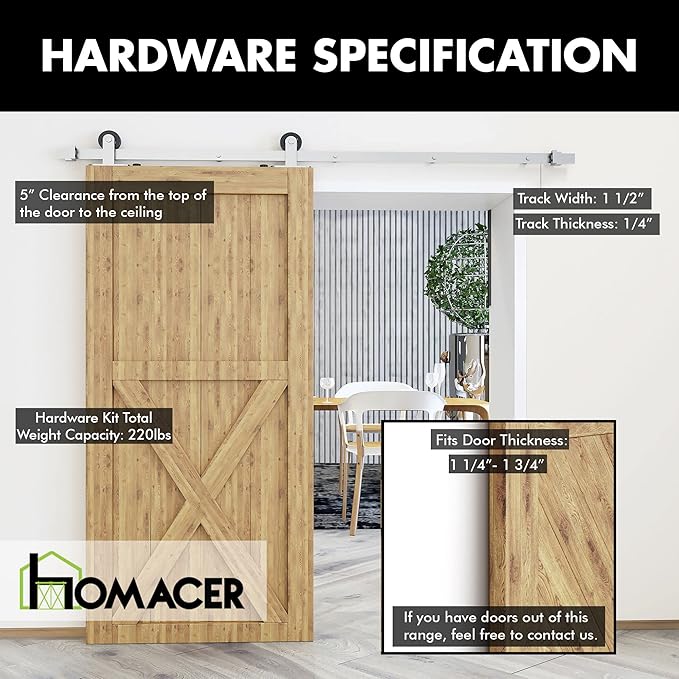 Homacer Brushed Nickel Non-Bypass Sliding Barn Door Hardware Kit, for One/Single Door, 9ft Long Flat Track, T-Shape Design Roller, Heavy Duty, for Interior & Exterior Use