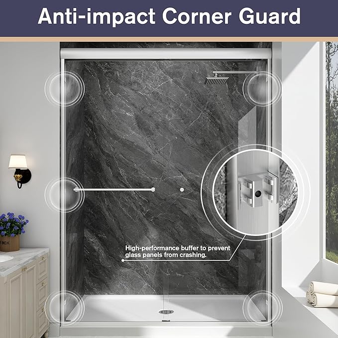 Double Sliding Shower Door, 43"-48" W x 70" H Semi-Frameless Glass Shower Door, 1/4'' (6mm) Clear SGCC Tempered Glass with Explosion-Proof Film and Nano Coating, Brushed Nickel