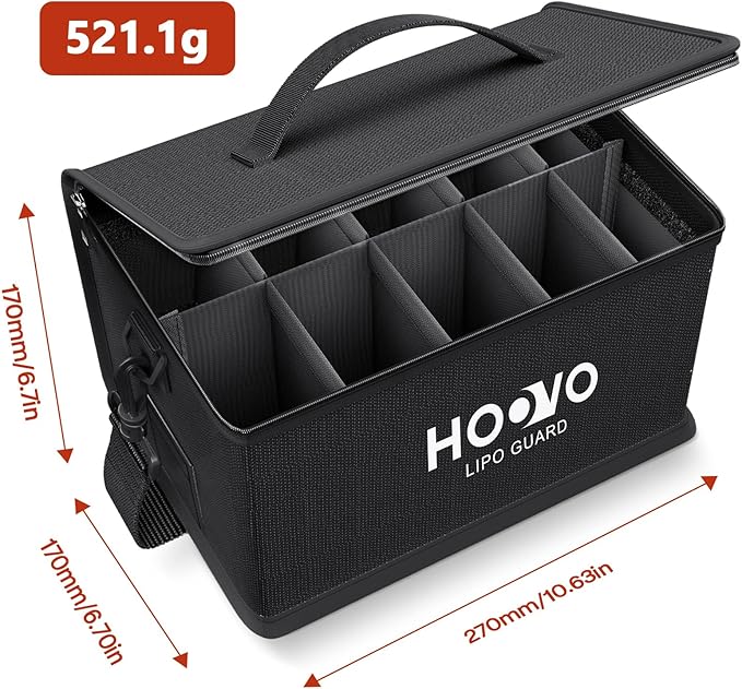 HOOVO Lipo Bag, Fireproof and Explosionproof LiPo Battery Bags - Large Capacity LiPo Guard Safe Pouch Adjustable for 10 - Cell LiPo Storage & Charge (10.6"x 6.7" x 6.7")