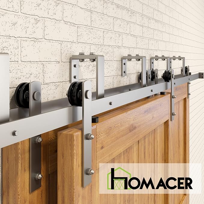 Homacer Brushed Nickel Double Track U-Shape Bypass Sliding Barn Door Hardware Kit, for Three Doors, 18ft Long Flat Track, Straight Design Roller