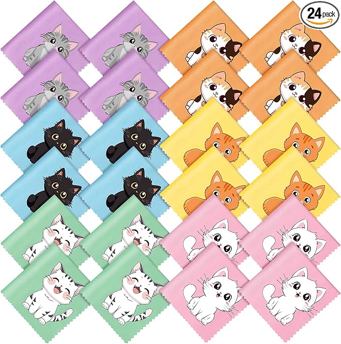 Breling 24 Pack Microfiber Cleaning Cloth Cute Animal Eyeglass Clean Cloths Lens Wipes for Glasses Sunglasses Lens Camera Cell Phone Screens 6" x 6" in(Cat)
