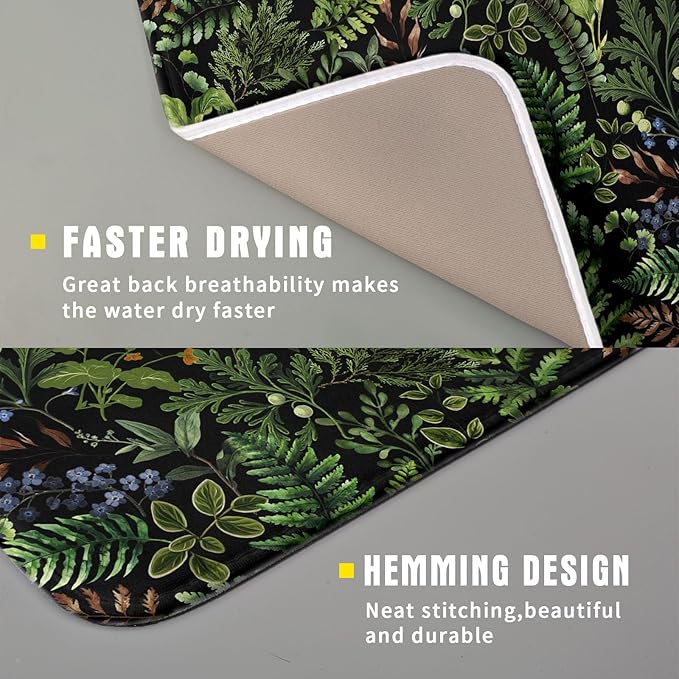 Black Sage Green Plant Dish Drying Mat for Kitchen Counter,Vintage Botanic Fern Leaves Floral Drying Mat 16 x 18 Inch with Absorbent Reversible Microfiber Drying Pad for Coffee Bar