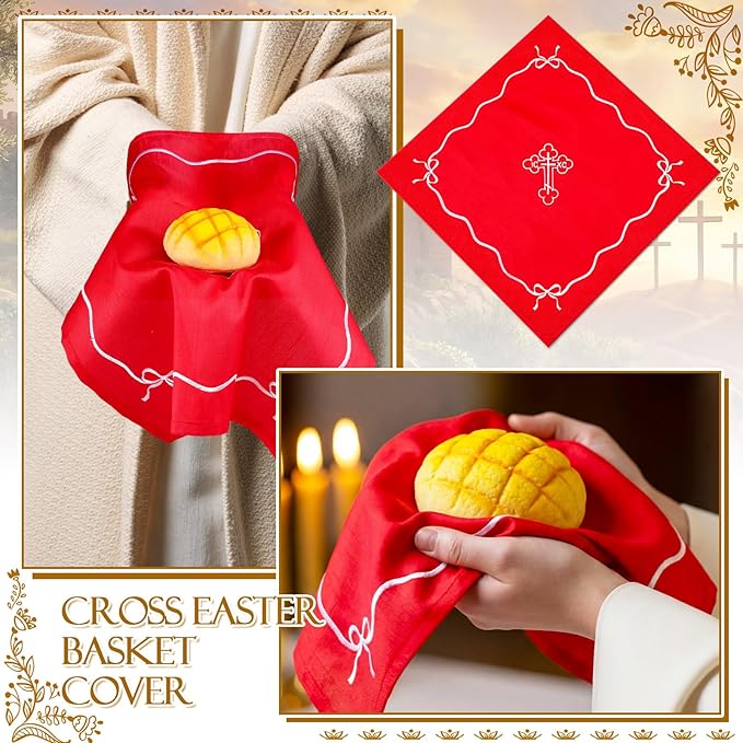 Easter Orthodox Pascha Basket Cover Table Decoration Easter Religious Gift 16.5" Square Orthodox Red Cross Embroidered Natural Crochet Large Cloth Communion Prosphora Greek Christian Altar