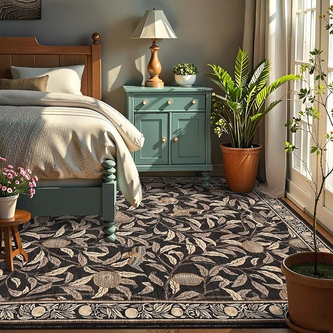 GarveeHome Boho Leaf Rugs for Bedroom, 5x7 Area Rugs for Living Room with Soft Low Pile, Non Slip Botanical Bird 5x7 Washable Rug for Dining Stain Resistant Indoor Brown Carpet for Playroom Dorm