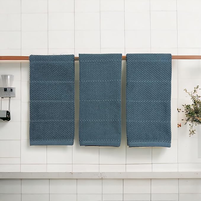 Serafina Home Teal Dark Blue Kitchen Dish Hand Towels 100% Cotton Cloth Soft Cleaning Drying Absorbent Terry: Set of 3 Multipurpose for Everyday Use Oversized 18" x 28"