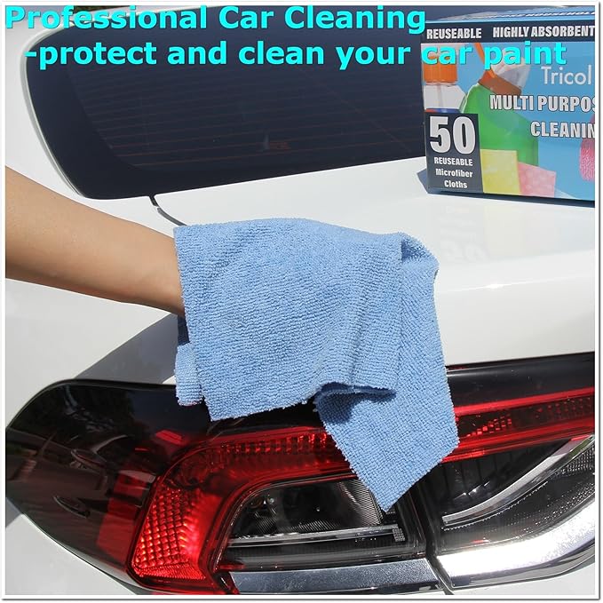 Tricol Clean Profesional Resuable Lint Free Microfiber Edgeless Cleaning Cloth 50PK Cleaning Rags,Absorbent Microfiber Wipes in Dispenser Box for Housekeeping, Car Cleaning (12 * 12 Inches) (blue1)