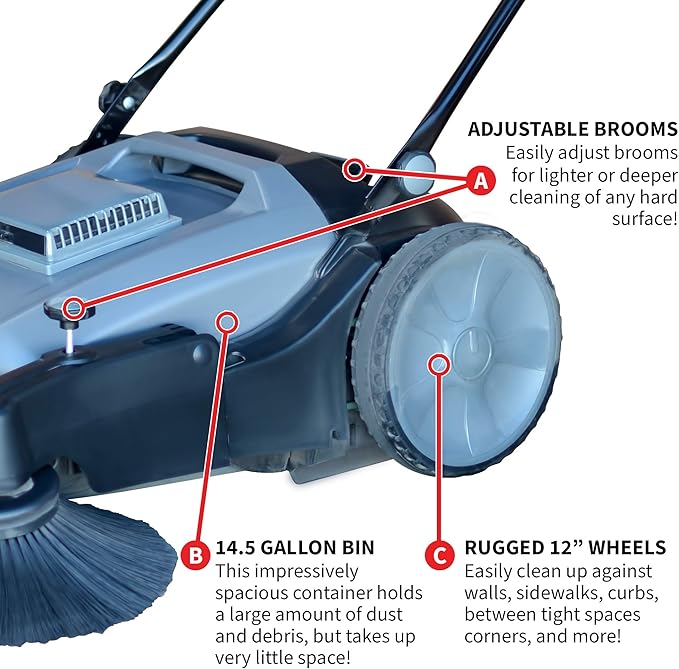 Tomahawk Industrial 38" Walk Behind Push Sweeper with Triple Power Side Brooms Floor Cleaning of Dust Litter Grass