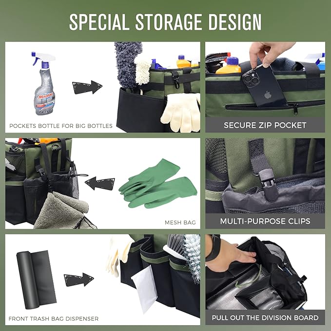 Wearable Cleaning Caddy Organizer with Handle & Shoulder Straps for Housekeepers, Under Sink & Car Cleaning Tool Organizer Bag with 4 Foldable Dividers (Green)