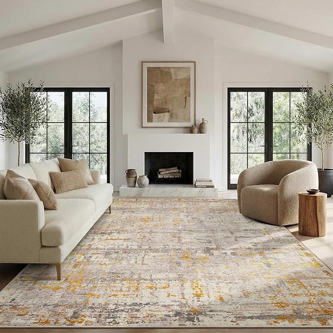 Area Rugs 8x10,Large Soft Rugs for Living Room, Washable, Modern Neutral Abstract Rugs for Bedroom Dining Room, Non-Slip Foldable Thin Indoor Carpet Stain Resistant(Beige Gold)