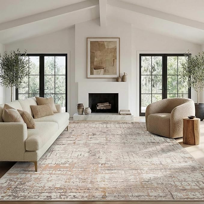 8x10 Modern Abstract Area Rugs,Large Soft Rugs for Living Room,Neutral Washable Rug,Beige Rugs for Bedroom Dining Room, Non-Slip Foldable Thin Indoor Carpet, Stain Resistant(Beige Grey)