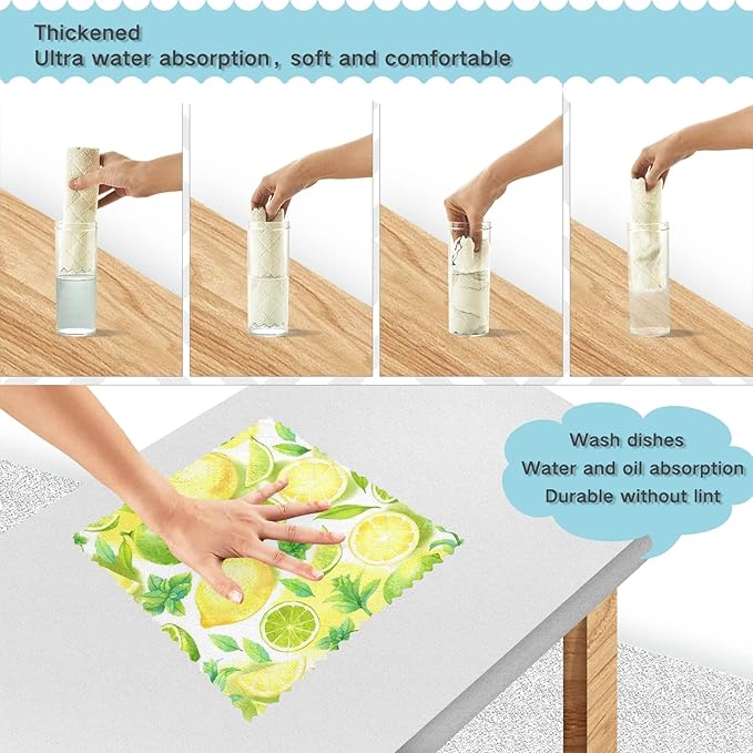 ALAZA Dish Towels - Super Absorbent Kitchen Cloths, Set of 6, 11"x11" Lemon White Soft Towels, Lint Free Bar Tea Kitchen Accessories