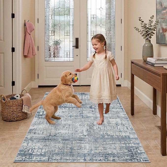 3x5 Washable Entryway Rug, Non Slip Boho Runner Rugs for Hallway, Entrance, Kitchen, Bathroom, Laundry Room, Soft Entryway Carpet, Throw Low Pile Retro Imitation Wool Carpet, Blue Grey