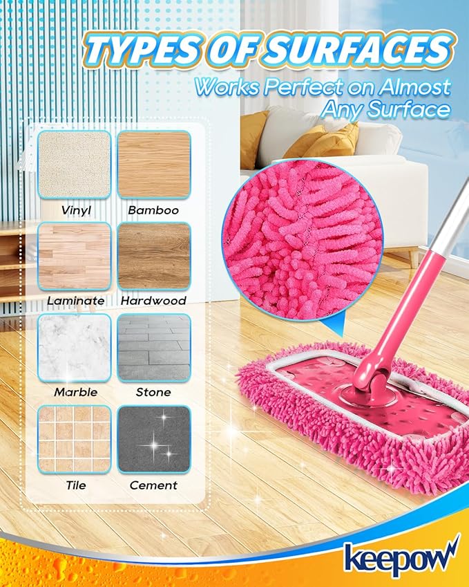 KEEPOW Pink Reusable Dry Sweeping Cloths Microfiber Wet Mop Pads Compatible with Swiffer Sweeper Mop Replacement Sweeping Mopping pad Refills for Hardwood Surface Floor Cleaning (4PCS)
