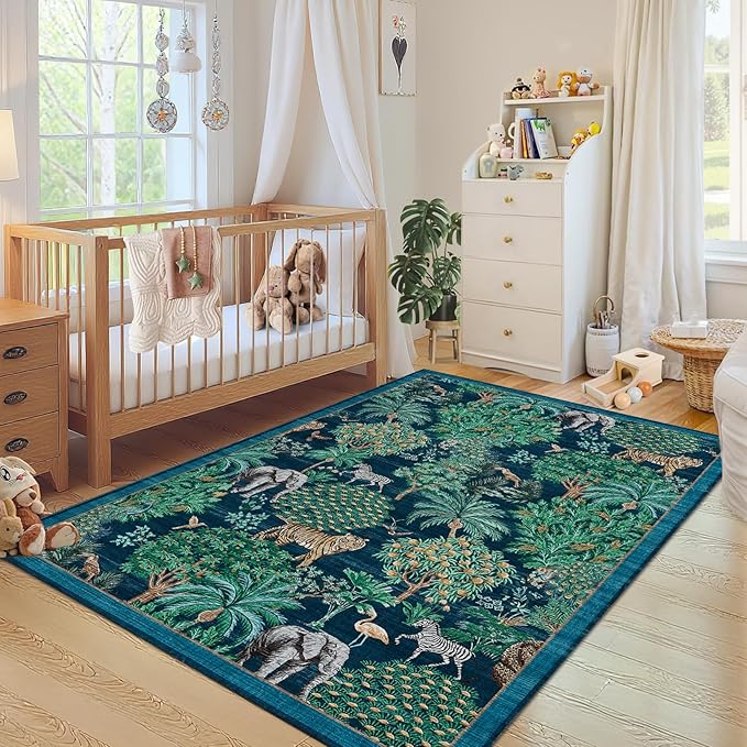 GarveeHome Jungle Animal Print Rug 4x6 Washable Area Rugs for Living Room, Forest Rug Non Slip Soft Low Pile Stain Resistance Throw Carpet for Bedroom Kids Playroom Nursery Blue