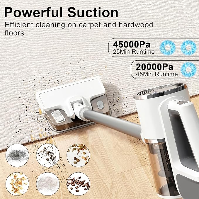 Wet Dry Vacuum Cleaner,3-in-1 Cordless Vacuum and Mop Combo，45Mins Runtime Vacuum Cleaners,45KPA Strong Suction，Anti-Tangle Brush Roll Removable water tank for Home/Pet Hair/Carpets/Floors，White