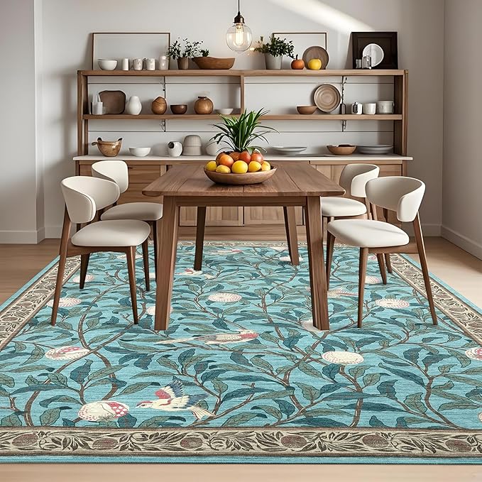 GarveeHome Boho Leaf Rugs for Bedroom, 5x7 Area Rugs for Living Room with Soft Low Pile, Non Slip Botanical Bird 5x7 Washable Rug for Dining Stain Resistant Indoor Blue Carpet for Playroom Dorm