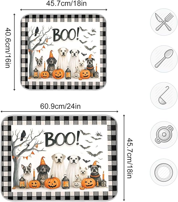 Halloween Dogs Dish Drying Mat for Kitchen Countertop 16x18 Raven Bat Pumpkin Black Buffalo Plaid Small Drying Mat Reusable Quick Dry Dish Sink Mats Easy Clean Decorative Essentials