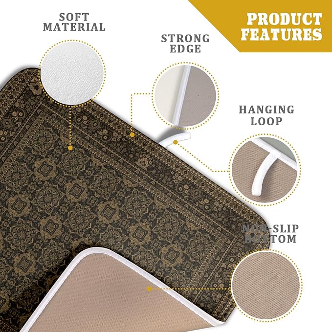 Brown Antique Tabriz Rug Dish Drying Mat for Kitchen Counter,Retro Turkish Vintage Floral Block Print Drying Mat 16 x 18 Inch with Absorbent Reversible Microfiber Drying Pad for Coffee Bar