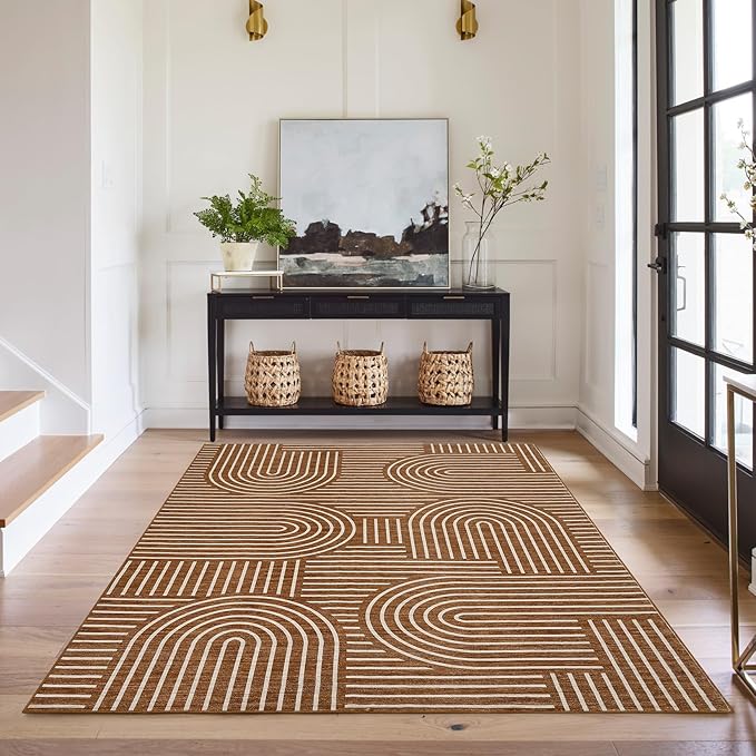 Washable Rug 3x5 Area Rugs for Living Room, Abstract Rug for Bedroom, Soft Rainbow Non Slip Throw Rugs with Rubber Back, Low Pile Stain Resistant Boho Geometric Carpet for Dining Room, Copper