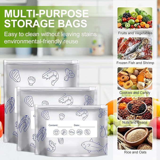 30PCS Reusable Aluminum Foil Sealable Storage Bags,Upgrade Reusable Aluminum Foil Storage Bags,Stand Up Foil Sealable Bags with Label and Zip Lock for Vegetable Fruit Meat (Medium)
