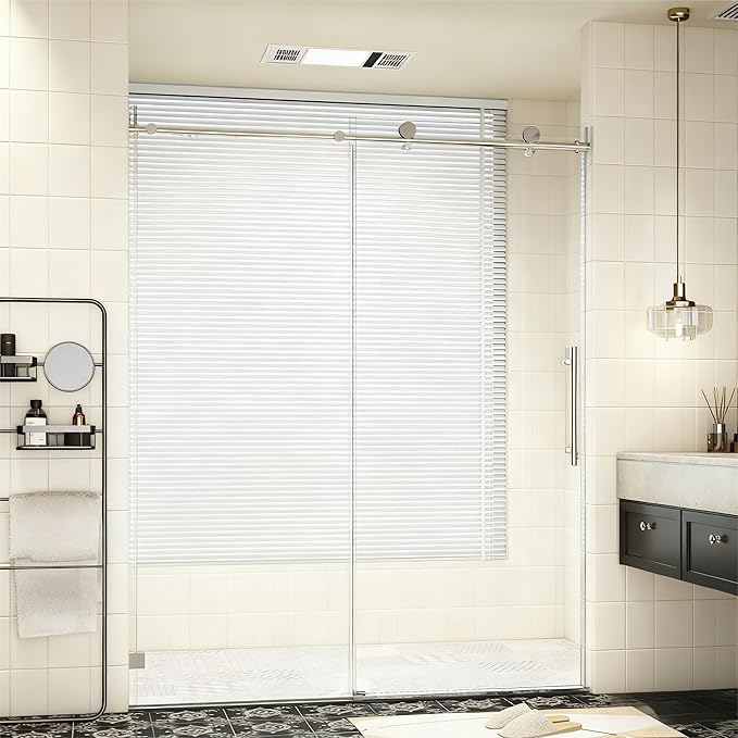 56-60" W x 74" H Frameless Shower Door, Bathroom Soft-Close Sliding Shower Doors with 5/16" (8mm) Clear SGCC Tempered Glass and Stainless Steel Hardware, Reversible Installation, Chrome