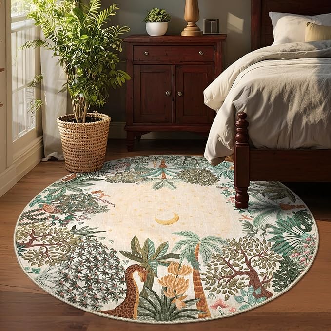 GarveeHome Round Area Rugs 5ft for Bedroom, Beige Jungle Washable Circle Rug Soft Non Slip Forest Animal Print Floor Mat Tiger Carpet Indoor Thin Rug for Kids Room Dining Room Playroom Nursery