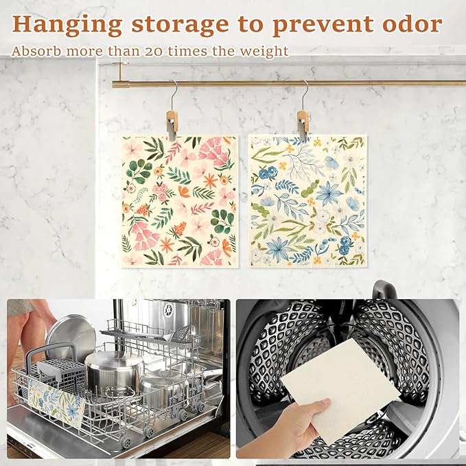Swedish Dishcloths for Kitchen Dish Towels - 5 Pack, Reusable Paper Towels with Clips, Absorbent Washable Non-Scratch Swedish Dish Towels, Cleaning Sponge Cloths for Baking Cooking Kitchen Home