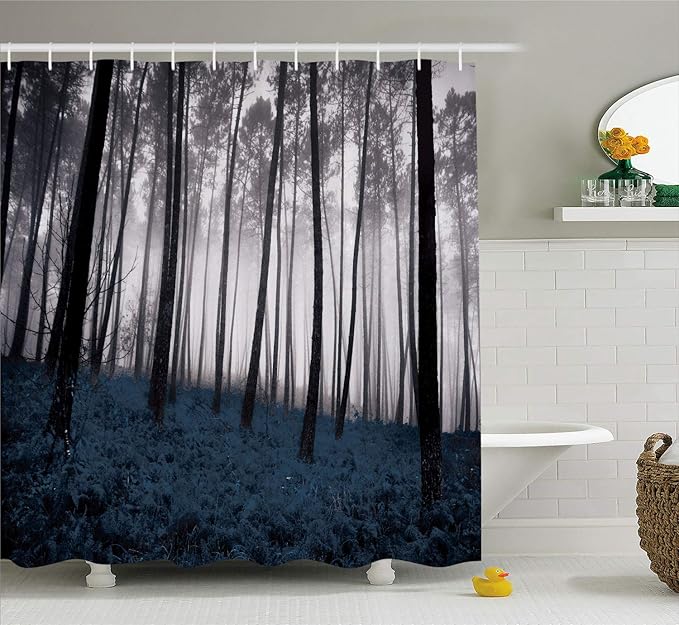 Ambesonne Forest Shower Curtain, Mystical Fantasy Woodland Under Heavy Fog Tall Trees Bushes Contrast Colors, Cloth Fabric Bathroom Decor Set with Hooks, 69" W x 70" L, Petrol Black