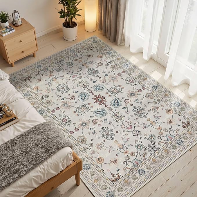 Floral Rug for Entryway Bedroom, 3x5 Washable Area Rug, Vintage Boho Throw Rugs, Non Slip Low Pile Carpet for Indoor Dining Room, Girls Room, Nursery Room and Kids Room(Grey 3x5ft)