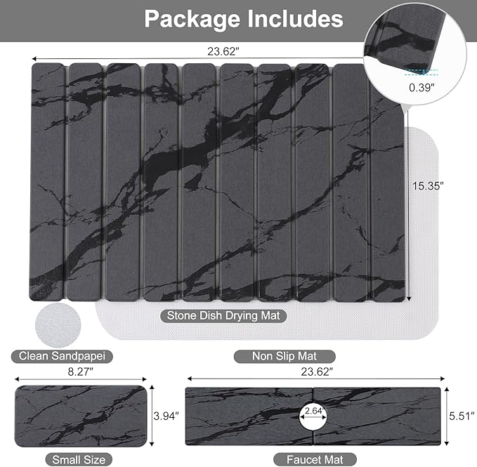 3 PCS Large Stone Dish Drying Mat for Kitchen Counter, Quick Dry Stone Dishes Mats, Sink Faucet Mat, Marble Water Absorbing Diatomaceous Earth Drying Pad for Countertop Tableware, Bottles, Cups