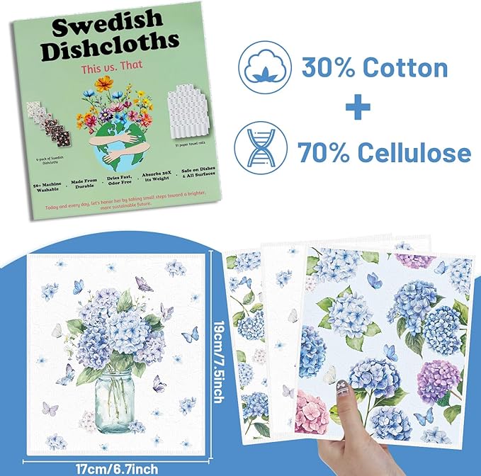 Floral Swedish Dishcloths for Kitchen, 6 Pack Blue Hydrangea Reusable Dish Paper Hand Towels Housewarming Gifts, Spring Absorbent Dish Rags for Home Cooking Cleaning