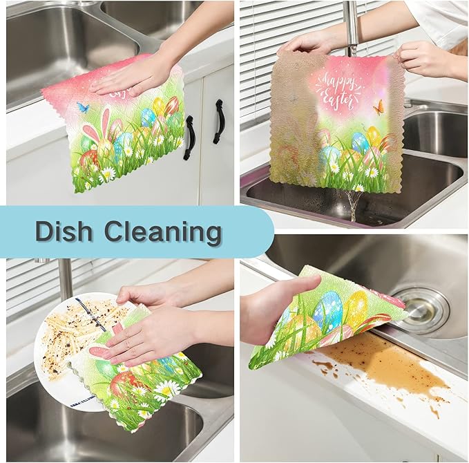 Dish Towels Kitchen Cleaning Cloths Easter Eggs in The Grass with Butterflies Spring Flowers Dish Cloths Absorbent Kitchen Towels Lint Free Bar Tea Soft Towel Kitchen Accessories Set of 6,11"x11"