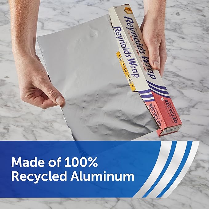 Reynolds Wrap Recycled Aluminum Foil, Recycled Foil Roll, Made From 100% Recycled Materials, With Secure Easy Open and Close Tab, 200 Sq. Ft.