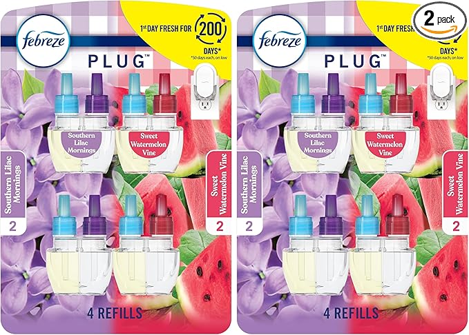 Febreze Odor-Fighting Fade Defy PLUG Air Freshener, Southern Lilac Mornings, Sweet Watermelon Vine, (2 of Each), .79 fl. oz. Oil Refill, 4 Count (Pack of 2)