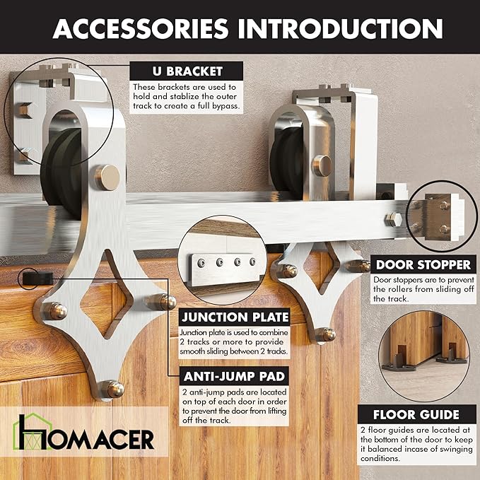 Homacer Brushed Nickel Double Track U-Shape Bypass Sliding Barn Door Hardware Kit, for Two/Double Doors, 5.5ft Long Flat Track, Diamond Design Roller