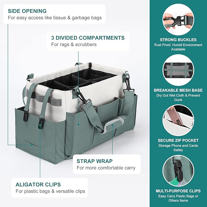 LANDNEOO Cleaning Caddy Organizer with Handle, Wearable Bag for Supplies, Tote Shoulder and Waist Straps, Under Sink Tool Multiple Compartments (Large) (QJB-BLS)