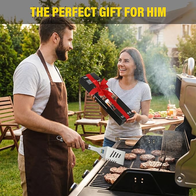 BBQ Grill Accessories Set, Grill Tools Grilling Accessories Grilling Gifts for Men - Spatula, Fork, Brush, Tongs & Cleaning Brush - Outdoor Barbecue Utensils Gifts for Men Dad Him (Wood)