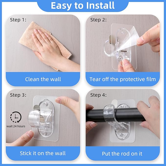 ANDGOO 18 Pack Adhesive Curtain Rod Brackets, No Hole, No Drilling, No Tool, No Nail, Heavy Duty Stick on Curtain Rod Holder Hangers Bedroom, Bathroom, Living Room, Transparent