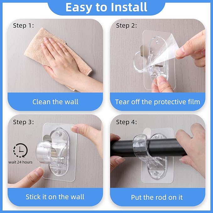 ANDGOO 6 Pack Adhesive Curtain Rod Holders, No Drilling Curtain Rod Brackets, Renter Friendly Curtain Hanger, Fits 0.5'' to 1.2'' Rods, Heavy Duty Curtain Rod Hooks for Apartment Bathroom Dorm Kitchen