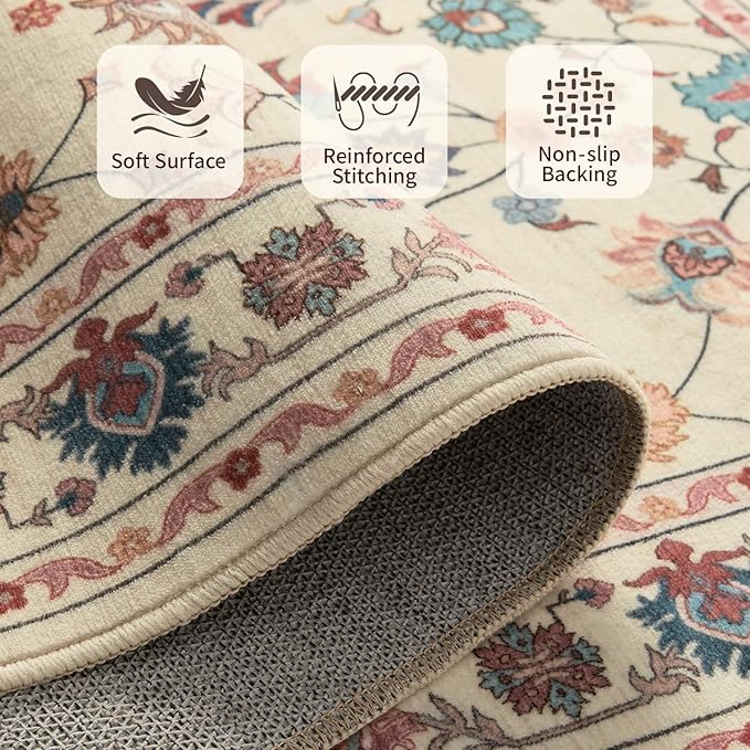 2x6 Floral Runner Rug, Washable Runners for Hallways, Pink Vintage Boho Kitchen Rugs, Non Slip Hallway Runner Carpet for Indoor Hallway, Kitchen, Laundry Room and Bathroom