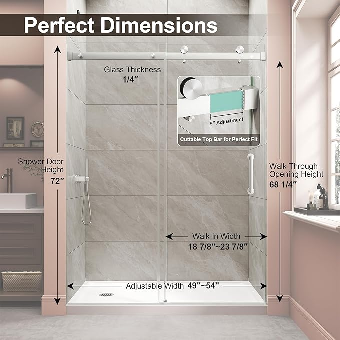 Frameless Shower Door,Single Sliding Glass Shower Door with Nano Coating & Safety Film, Adjustable 49"-54" W x 72" H, Brushed Nickel,1/4" (6mm) SGCC Tempered Glass