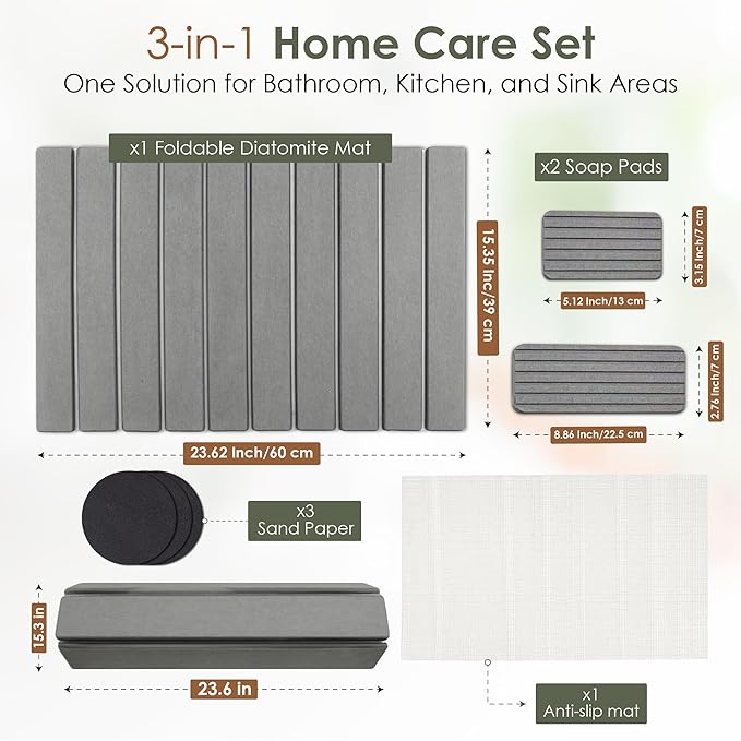 3-Pack Large Stone Kitchen Dish Drying Mat for Countertops 24"x16"– Absorbent Diatomaceous Earth Stone Mat with 2 Extra Stone Pads, Fast-Drying Non-Slip Design for Kitchen & Bathroom,Easy to Clean